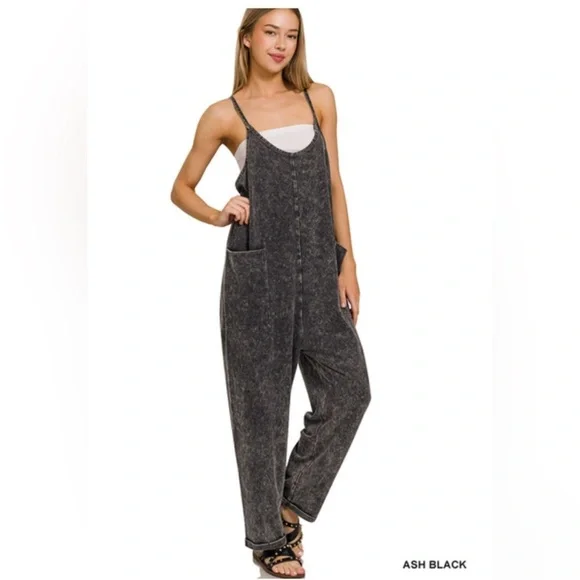 Bohemian Black Mineral Wash Jumpsuit Overalls S M L - Picture 2 of 4
